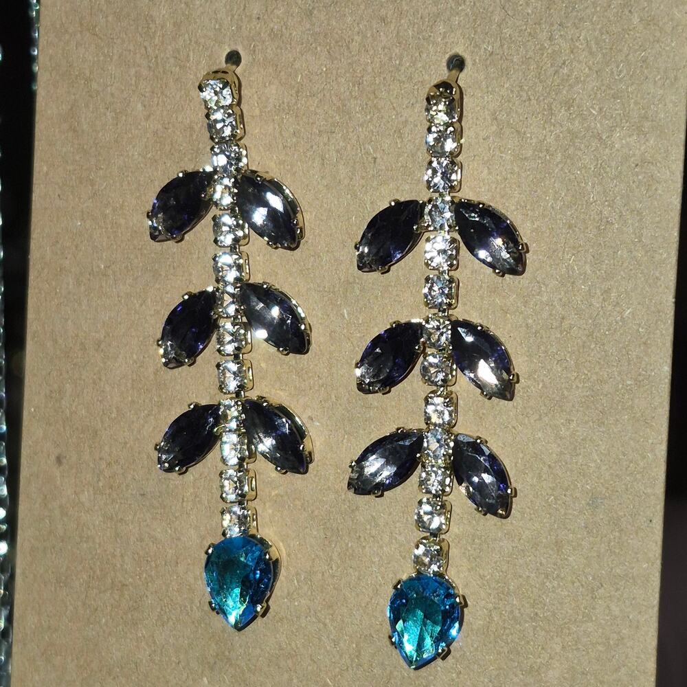 Silverplated Purple Ocean Blue Crystal Rhinestone Leaf Dangle Earrings Sparkle